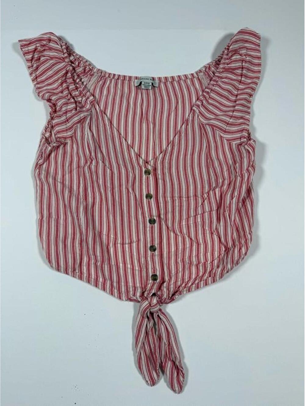 American Eagle Red and White Striped Button-Up Crop Top S